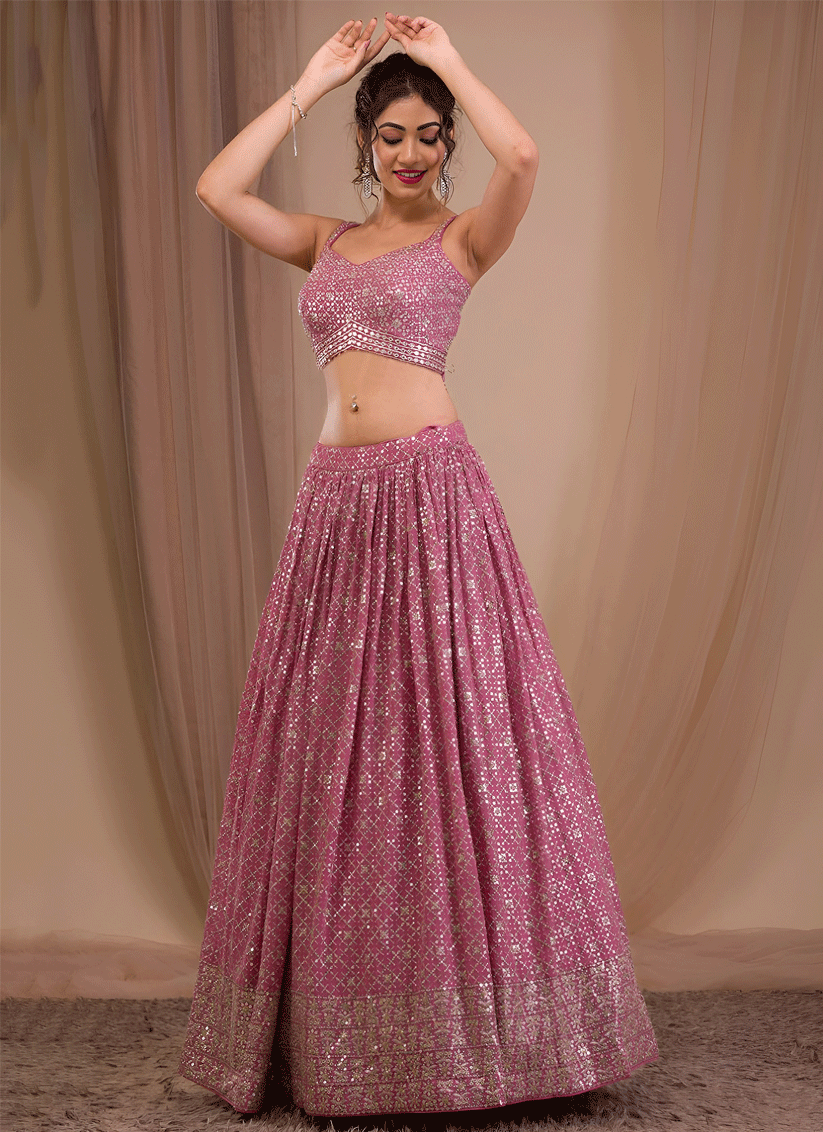 Onion Pink Festive Embroidered Georgette Lehenga Choli for Women