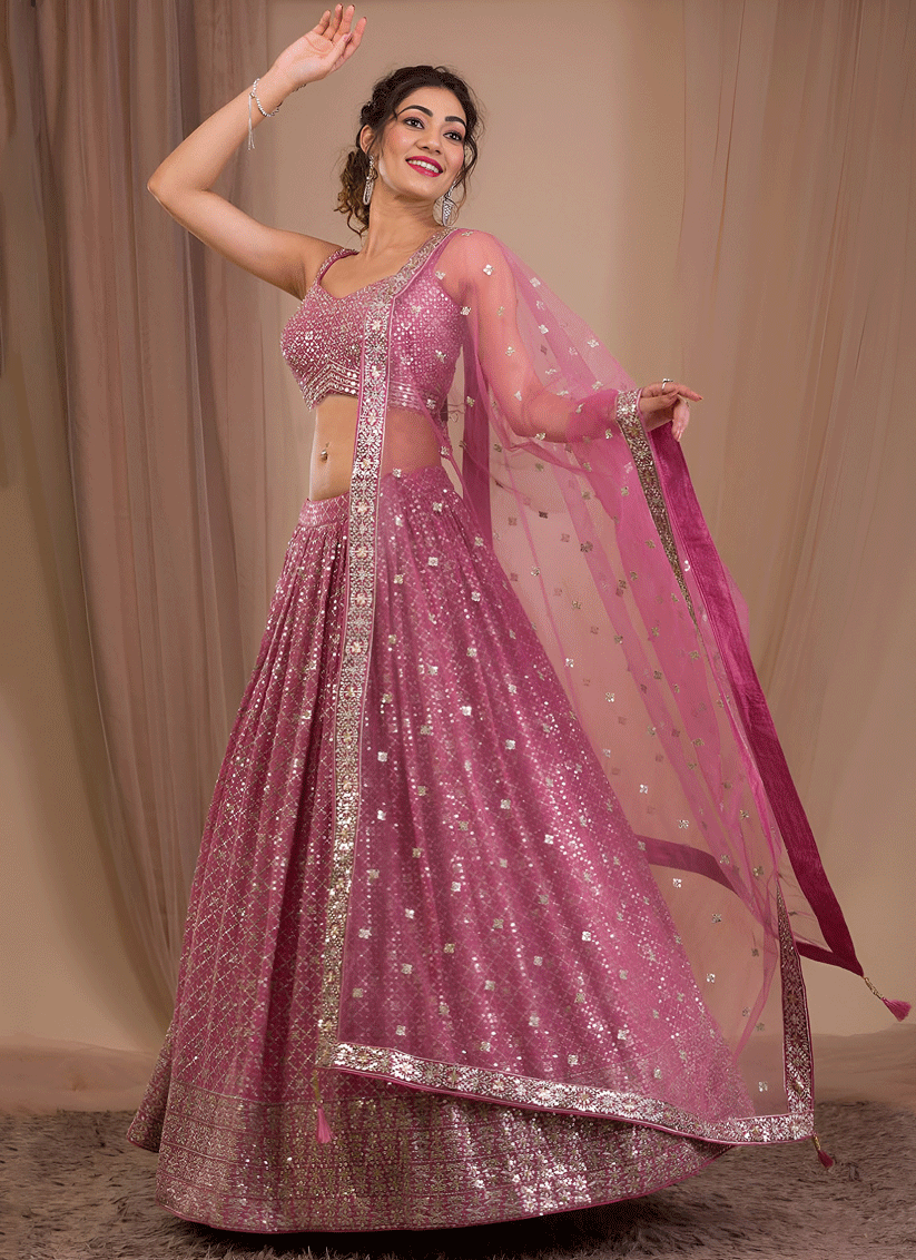 Onion Pink Festive Embroidered Georgette Lehenga Choli for Women