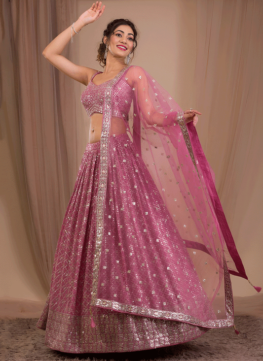 Onion Pink Festive Embroidered Georgette Lehenga Choli for Women