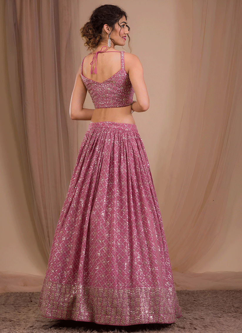 Onion Pink Festive Embroidered Georgette Lehenga Choli for Women