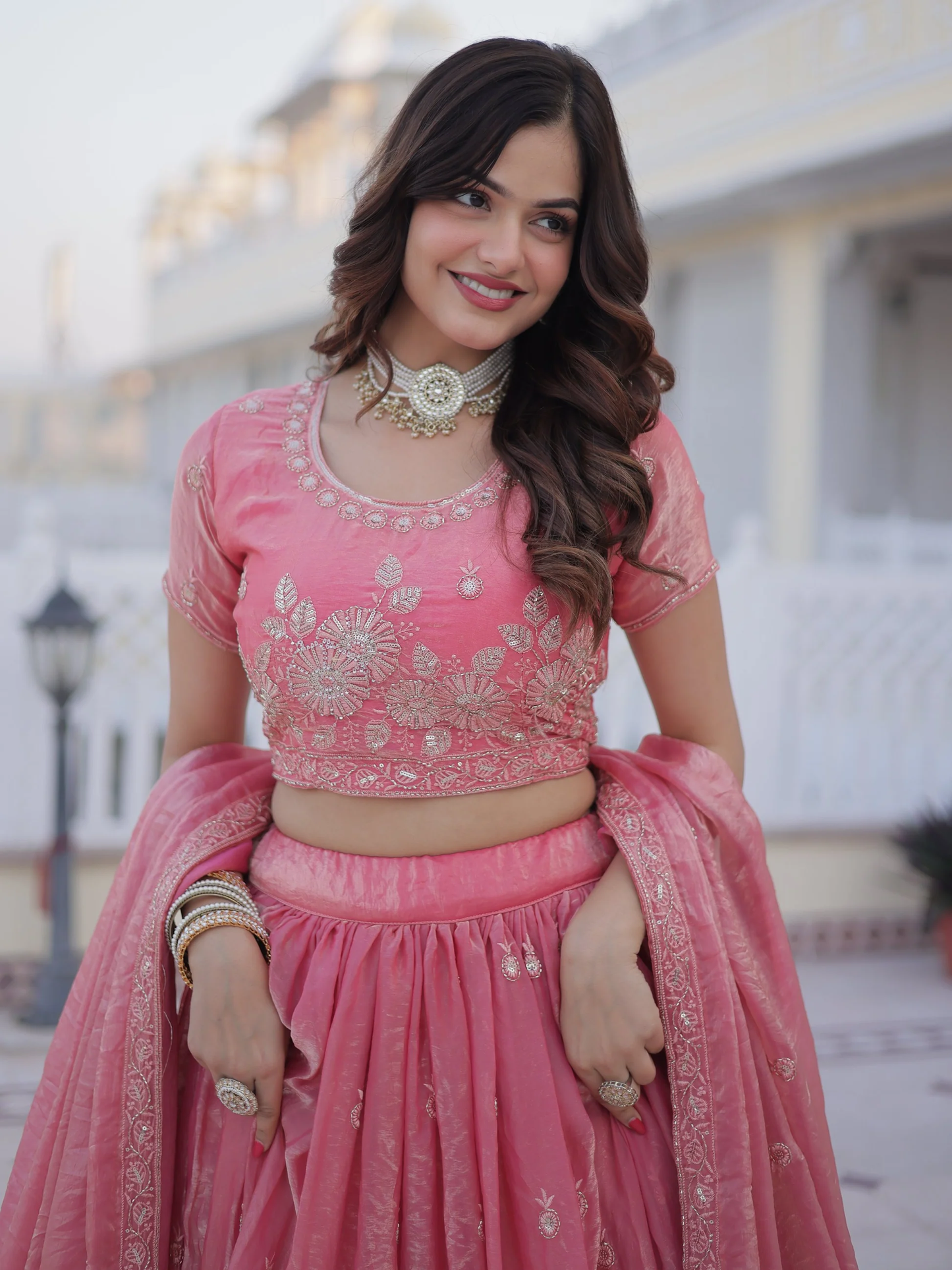 Charming Rose Pink Zari-Embroidered Silk Bridesmaid Lehenga with Dupatta