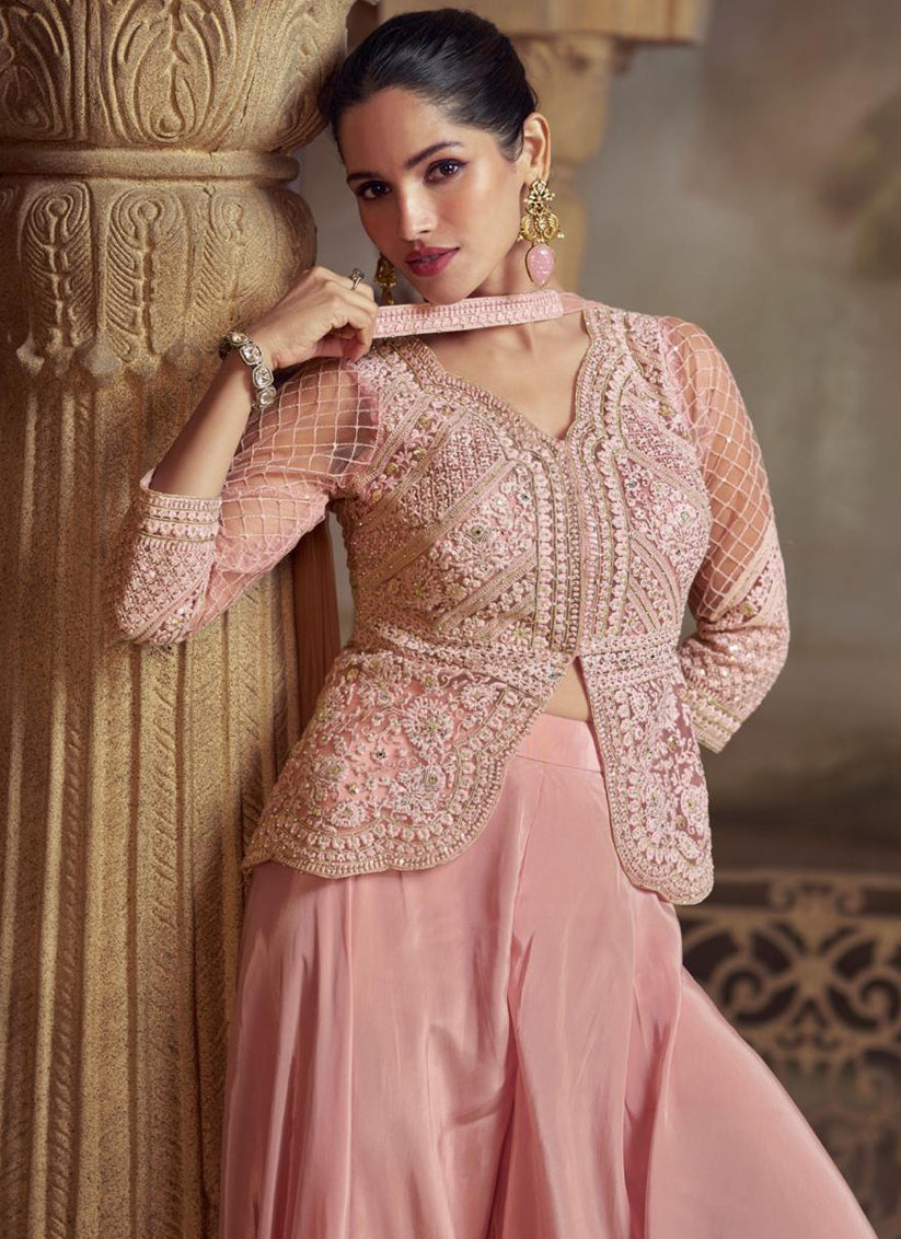 Dusty Pink Georgette Embroidered Designer Plazzo Suit