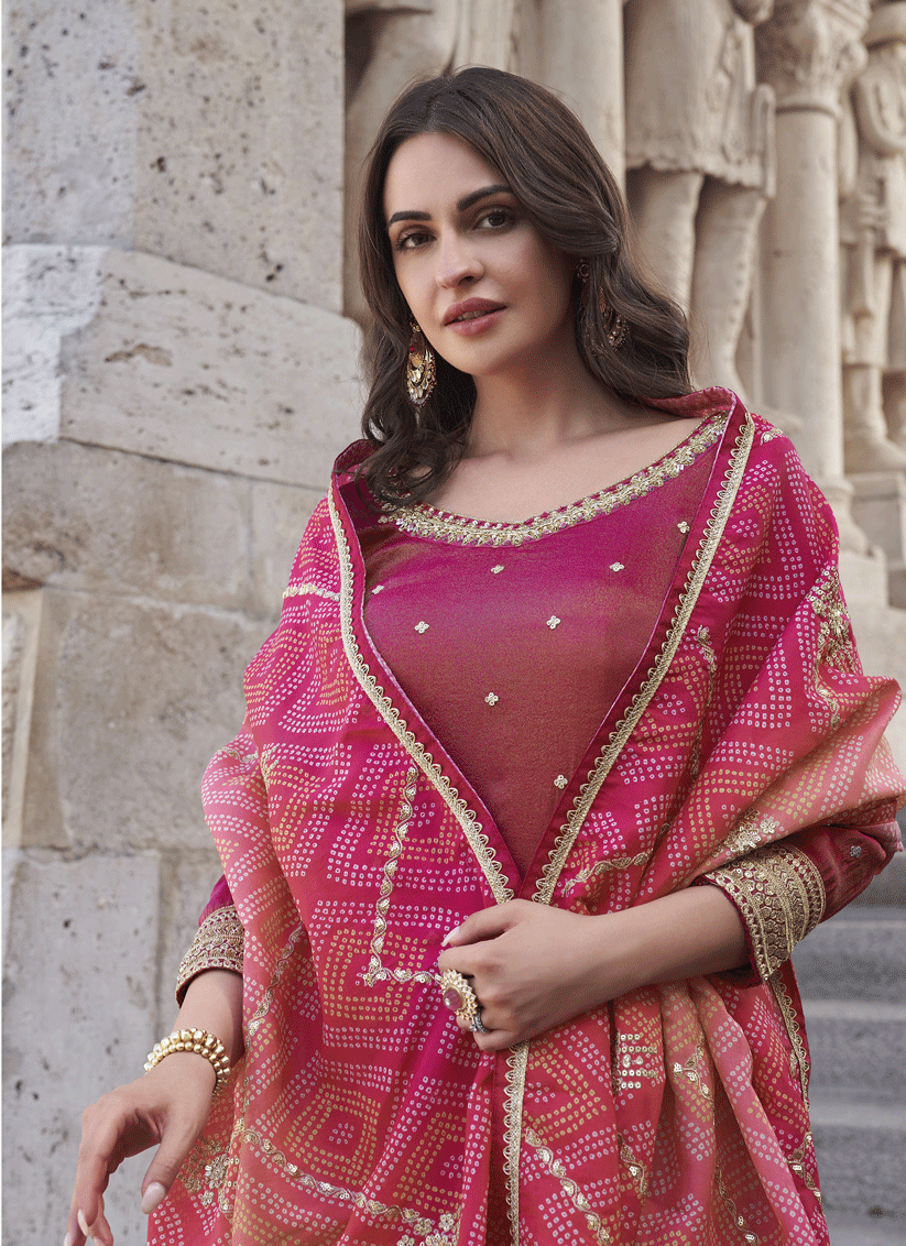 Magenta  Shimmer Silk Festive Wear Palazzo Suit with Gota Embroidered Detailing