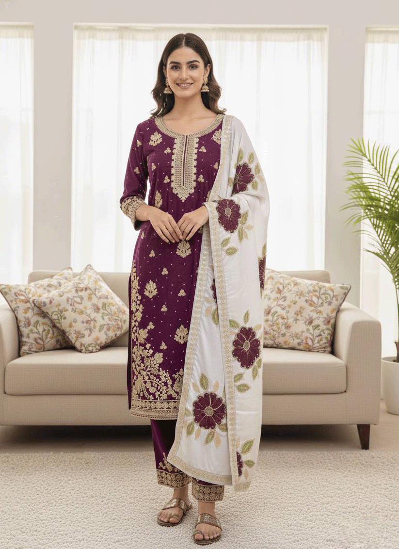 Premium Purple  Embroidered Top and Palazzo with Matching Dupatta