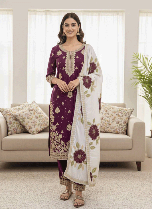 Premium Purple  Embroidered Top and Palazzo with Matching Dupatta