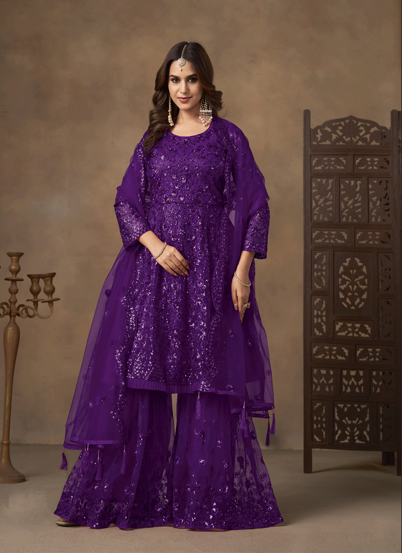 Stunning Purple Designer Net Sharara Kameez for Memorable Celebrations