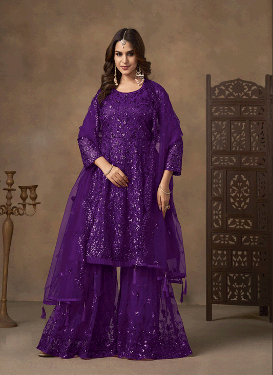 Stunning Purple Designer Net Sharara Kameez for Memorable Celebrations