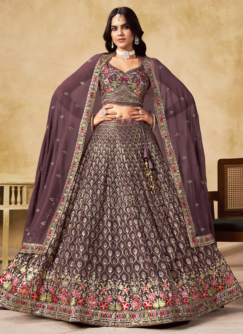 Luxury Purple Georgette Lehenga Choli with Sequins & Thread Embroidery