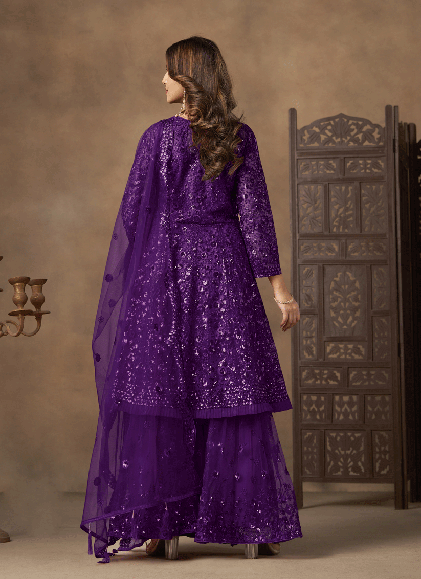 Stunning Purple Designer Net Sharara Kameez for Memorable Celebrations