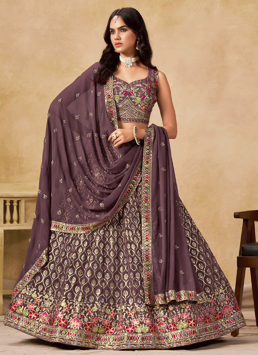 Luxury Purple Georgette Lehenga Choli with Sequins & Thread Embroidery