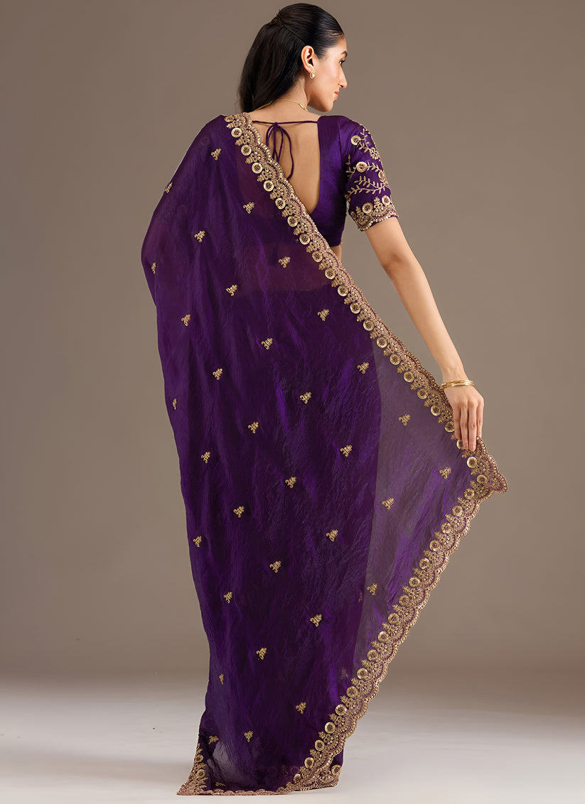 Purple Designer Tissue Saree with Embroidery and Sequin Work