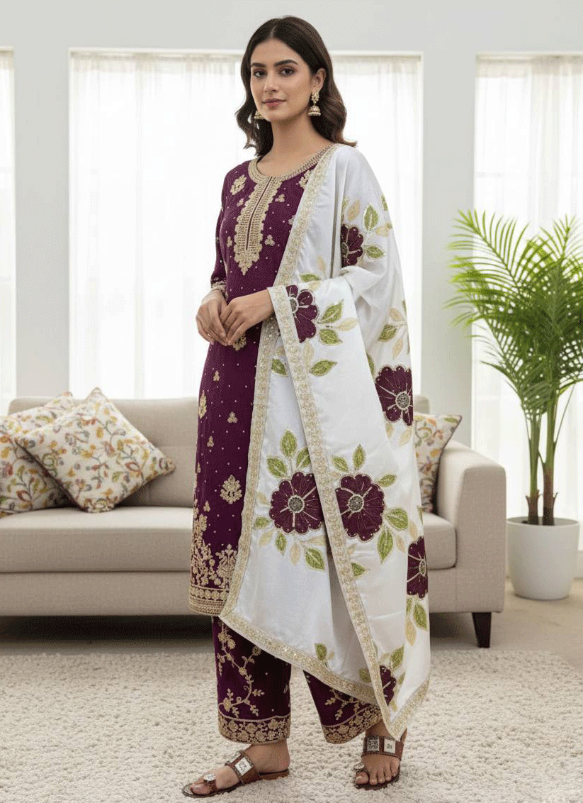 Premium Purple  Embroidered Top and Palazzo with Matching Dupatta