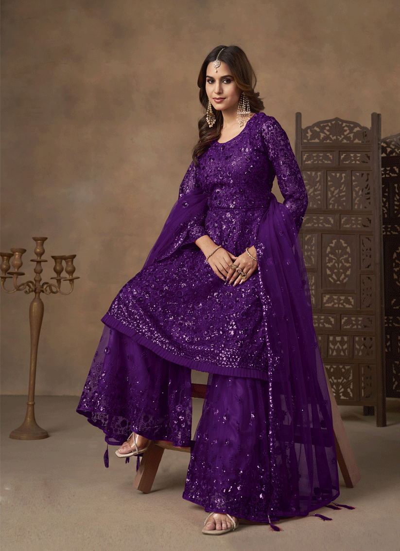 Stunning Purple Designer Net Sharara Kameez for Memorable Celebrations