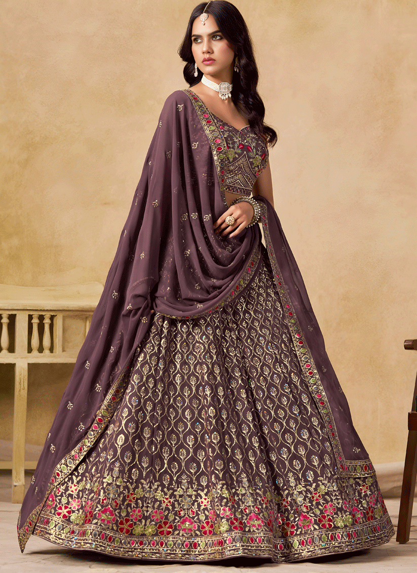 Luxury Purple Georgette Lehenga Choli with Sequins & Thread Embroidery
