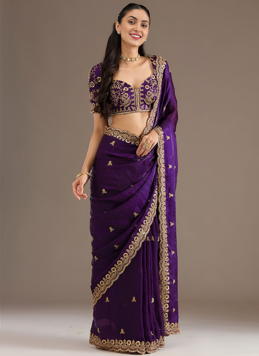 Purple Designer Tissue Saree with Embroidery and Sequin Work