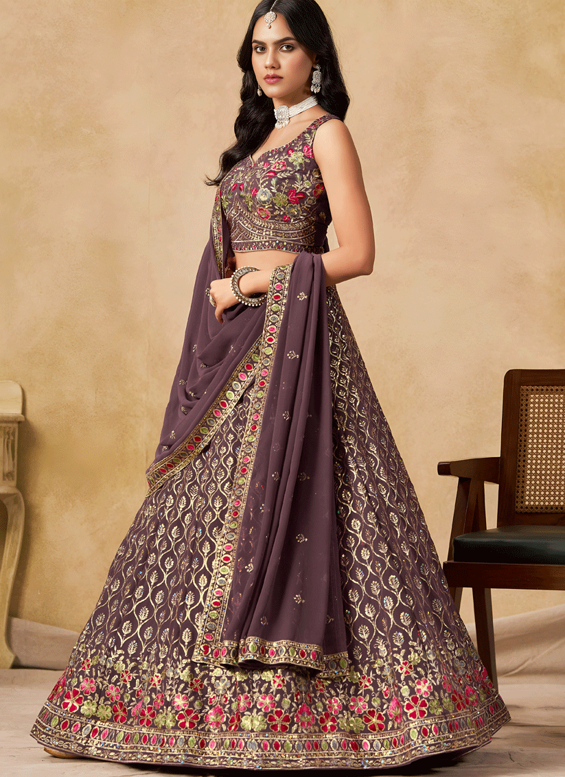 Luxury Purple Georgette Lehenga Choli with Sequins & Thread Embroidery