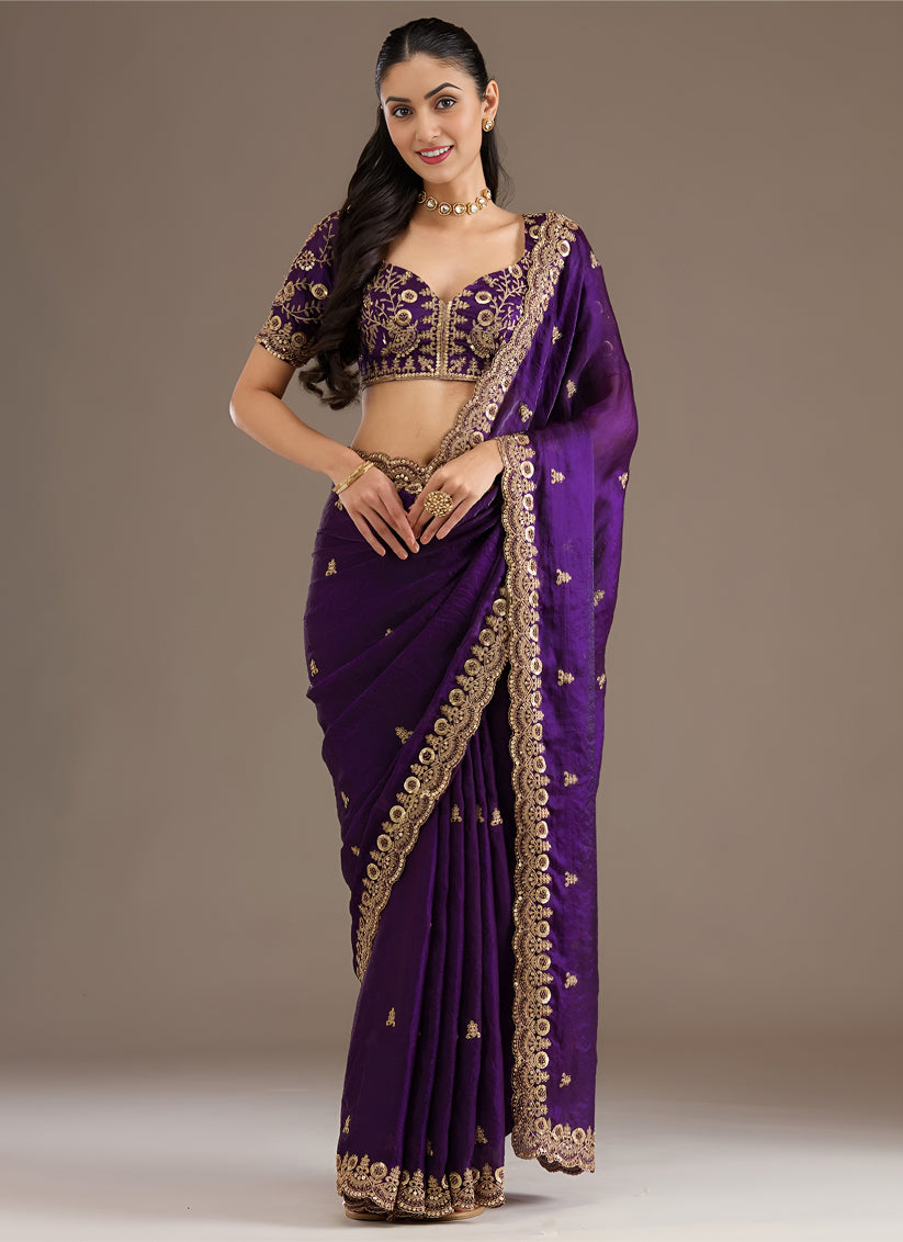 Purple Designer Tissue Saree with Embroidery and Sequin Work