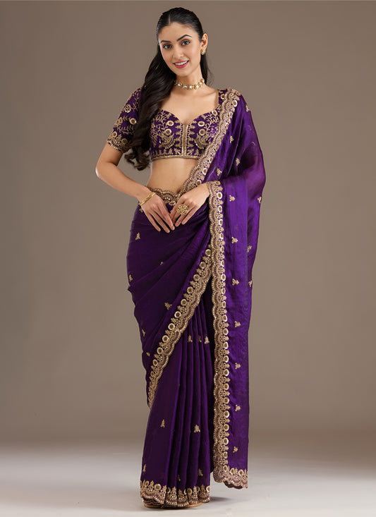 Purple Designer Tissue Saree with Embroidery and Sequin Work