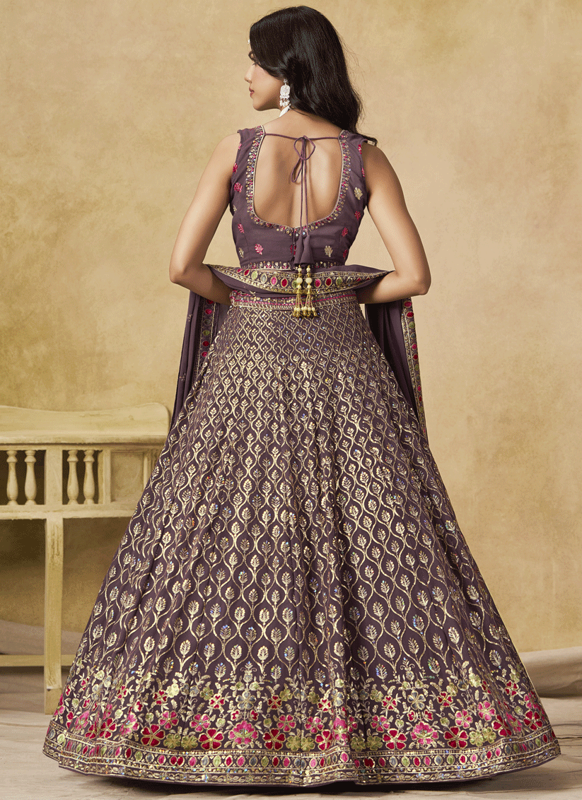 Luxury Purple Georgette Lehenga Choli with Sequins & Thread Embroidery