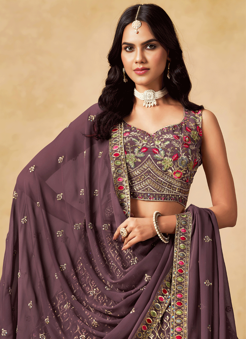 Luxury Purple Georgette Lehenga Choli with Sequins & Thread Embroidery