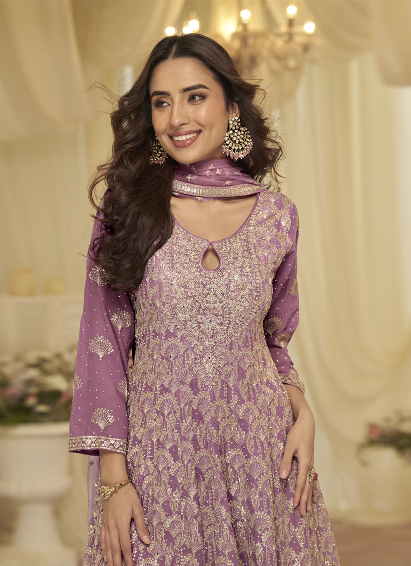 Lavender Dream Premium Heavy Embroidered Georgette Kurti & Palazzo Set