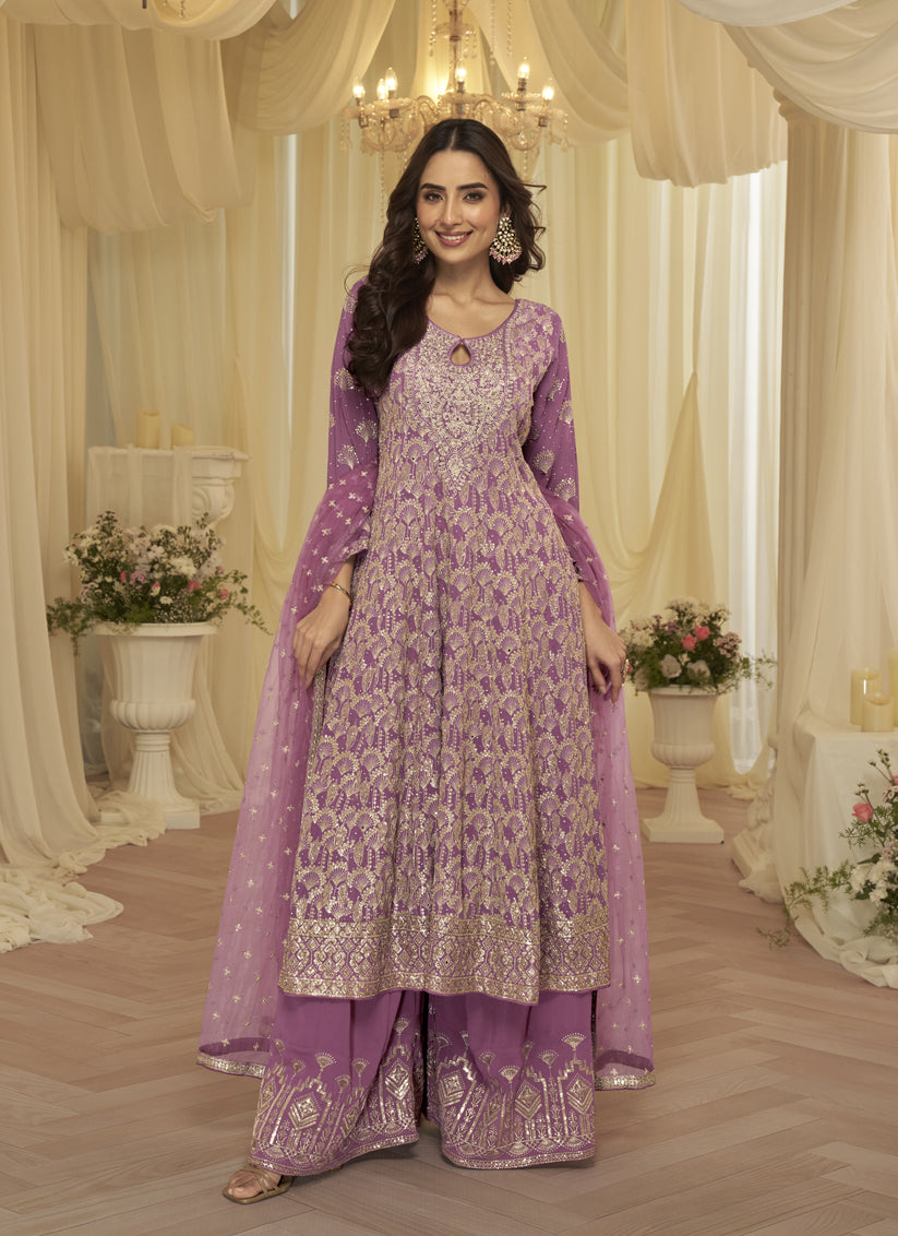 Lavender Dream Premium Heavy Embroidered Georgette Kurti & Palazzo Set