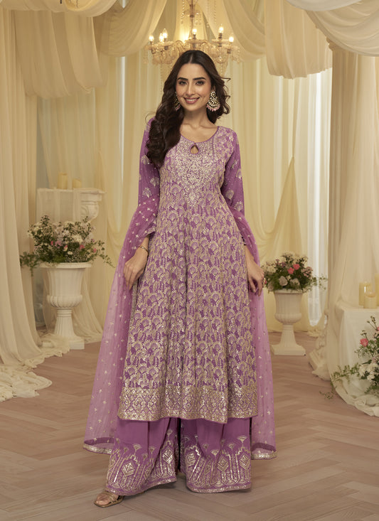 Lavender Dream Premium Heavy Embroidered Georgette Kurti & Palazzo Set