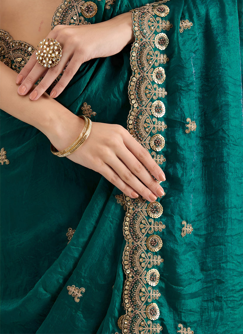 Green Designer Tissue Saree with Embroidery and Sequin Work