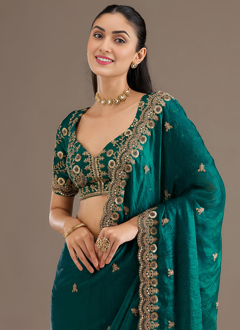 Green Designer Tissue Saree with Embroidery and Sequin Work