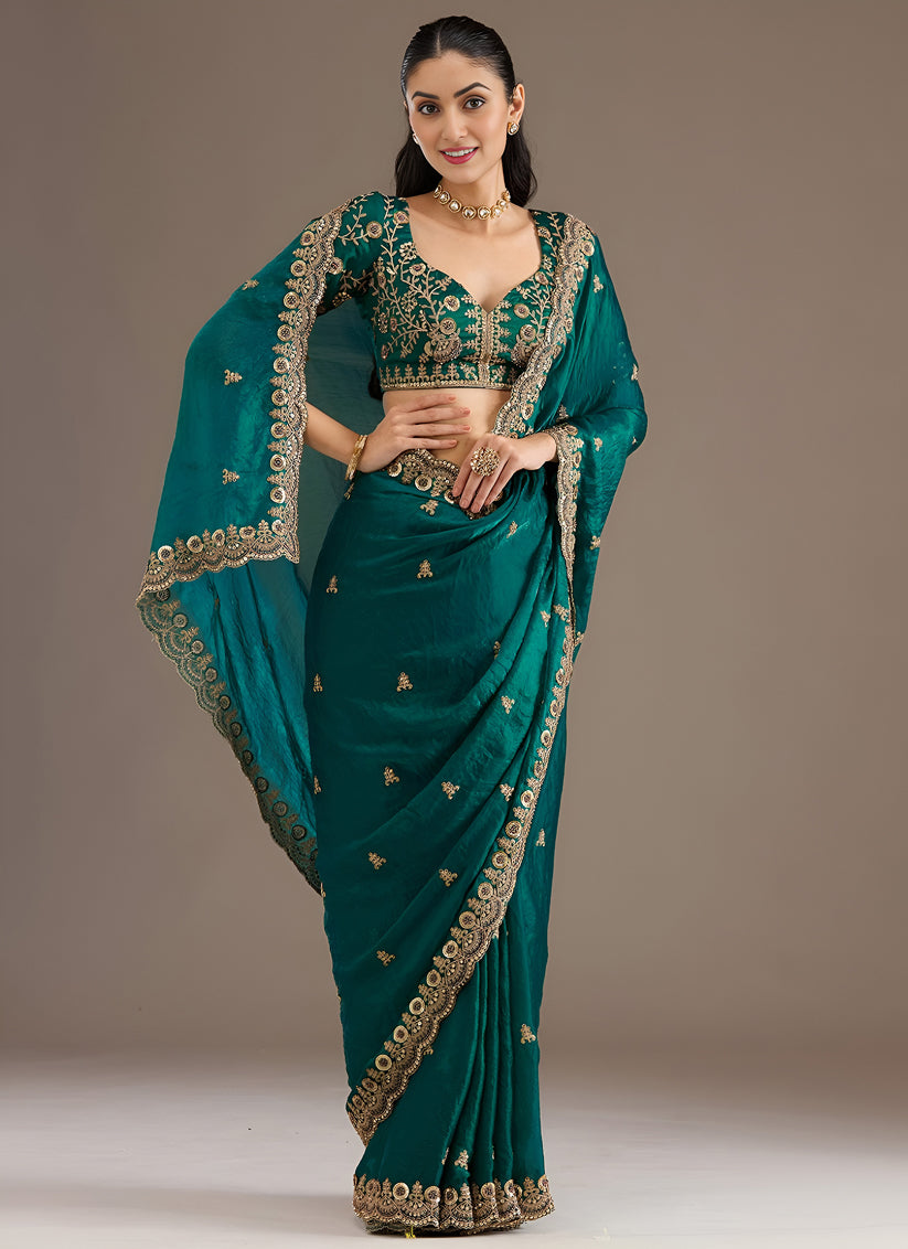 Green Designer Tissue Saree with Embroidery and Sequin Work