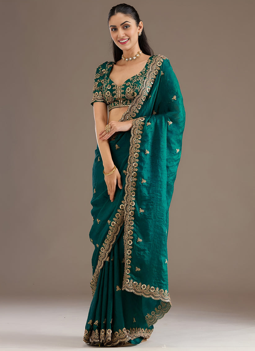 Green Designer Tissue Saree with Embroidery and Sequin Work