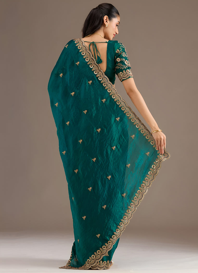 Green Designer Tissue Saree with Embroidery and Sequin Work