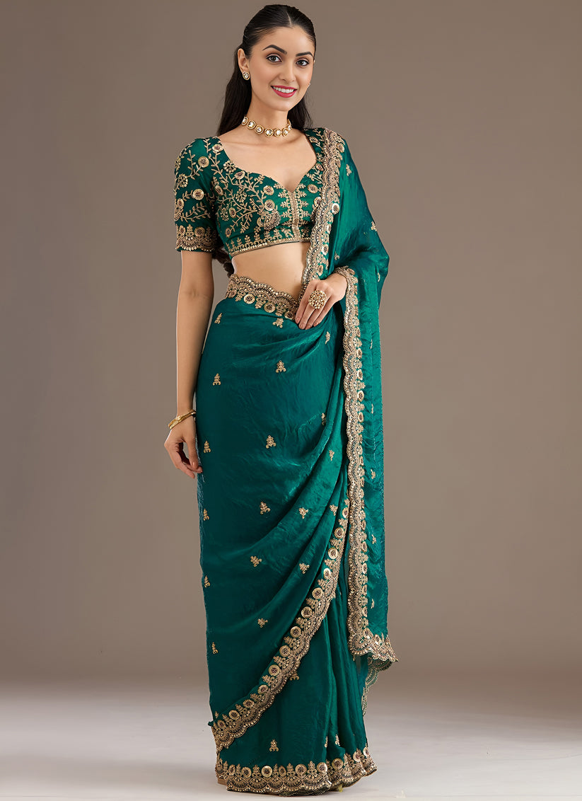 Green Designer Tissue Saree with Embroidery and Sequin Work