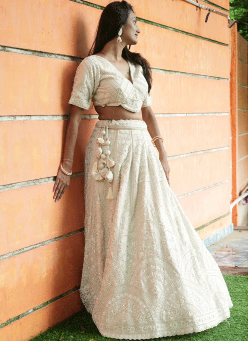 Ivory Silk Heavy Hand Beads Designer Lehenga Choli