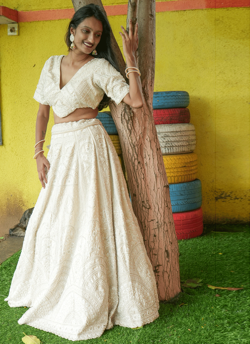 Ivory Silk Heavy Hand Beads Designer Lehenga Choli