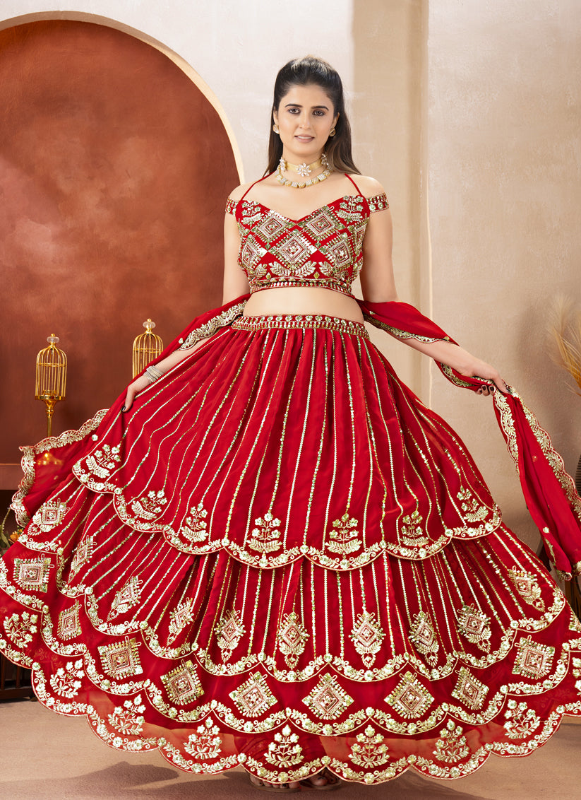 Royal Red Embroidered Lehenga Choli with Premium Sequins & Zari Work