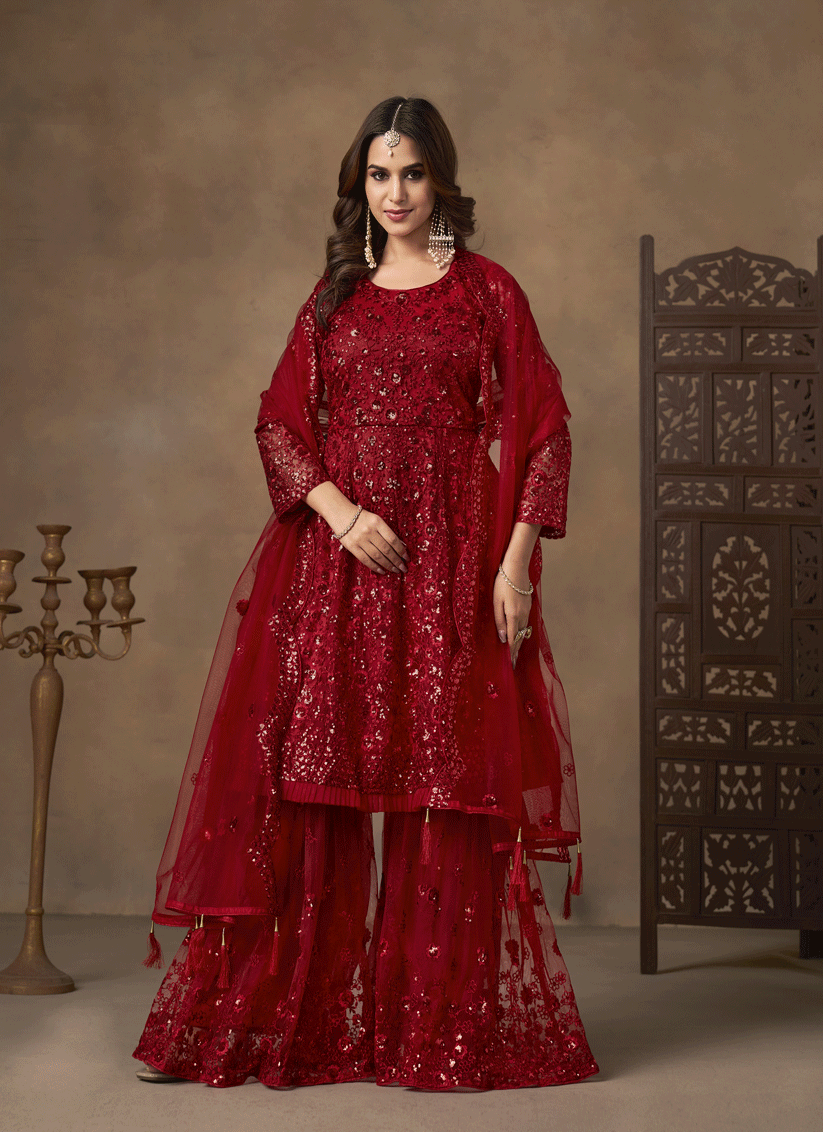 Stunning Cherry Red Designer Net Sharara Kameez for Memorable Celebrations