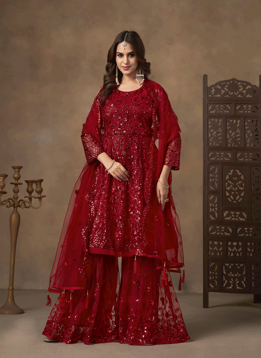 Stunning Cherry Red Designer Net Sharara Kameez for Memorable Celebrations
