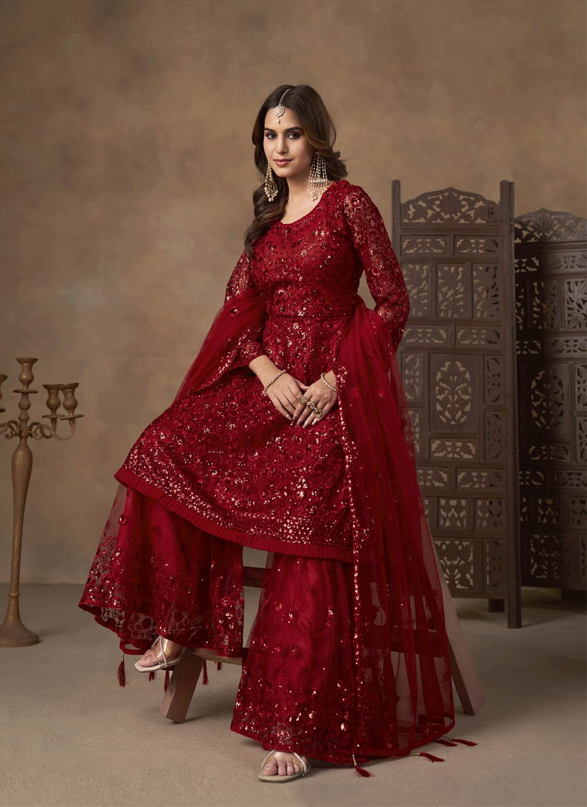 Stunning Cherry Red Designer Net Sharara Kameez for Memorable Celebrations