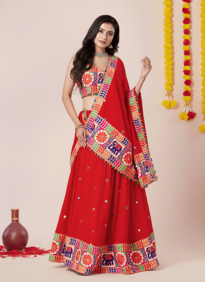 Hot Red Navratri Special Embroidered Mirror Work Chaniya Choli