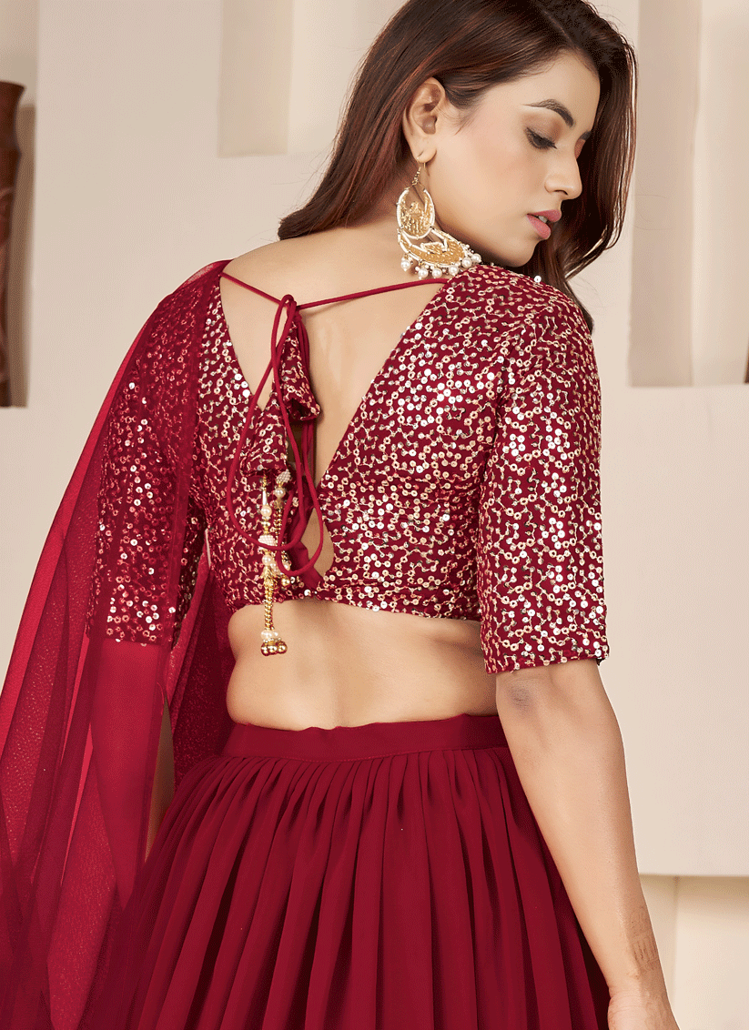Ruby Red Sequins & Embroidered Georgette Lehenga Choli with Soft Net Dupatta