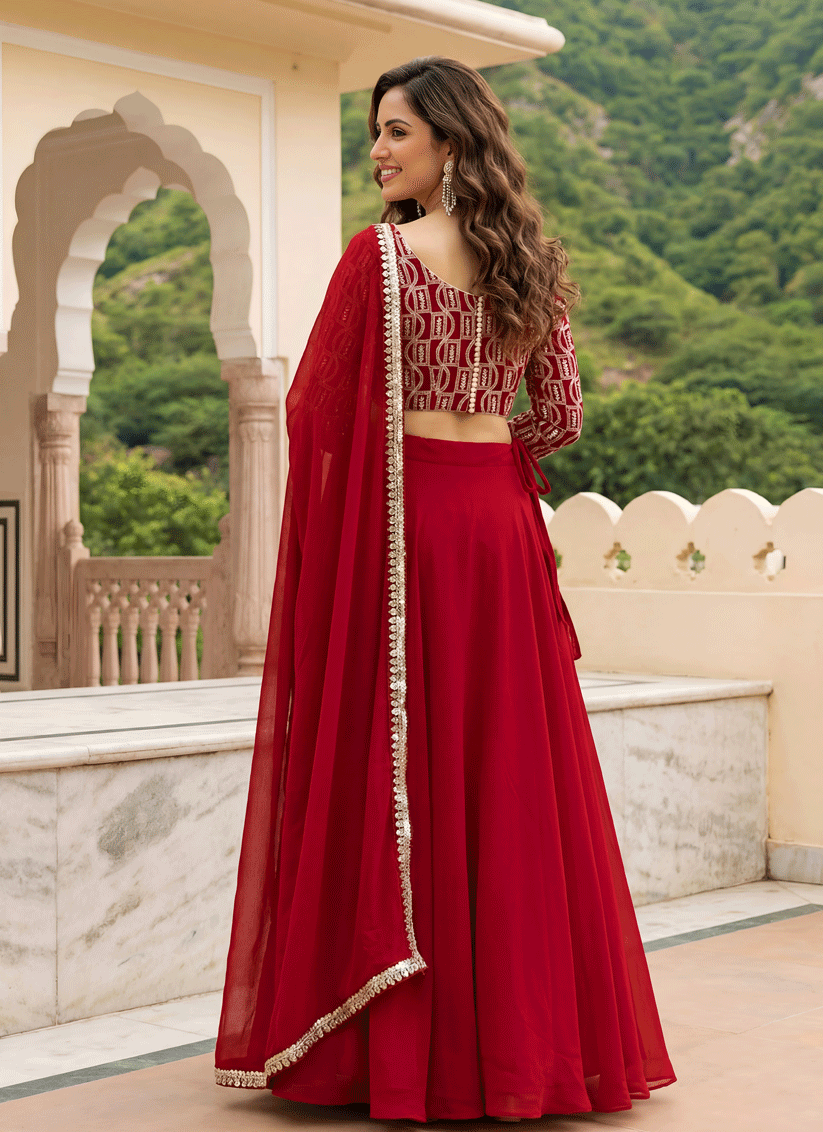 Crimson Red Georgette Lehenga Choli with Classic Traditional Work