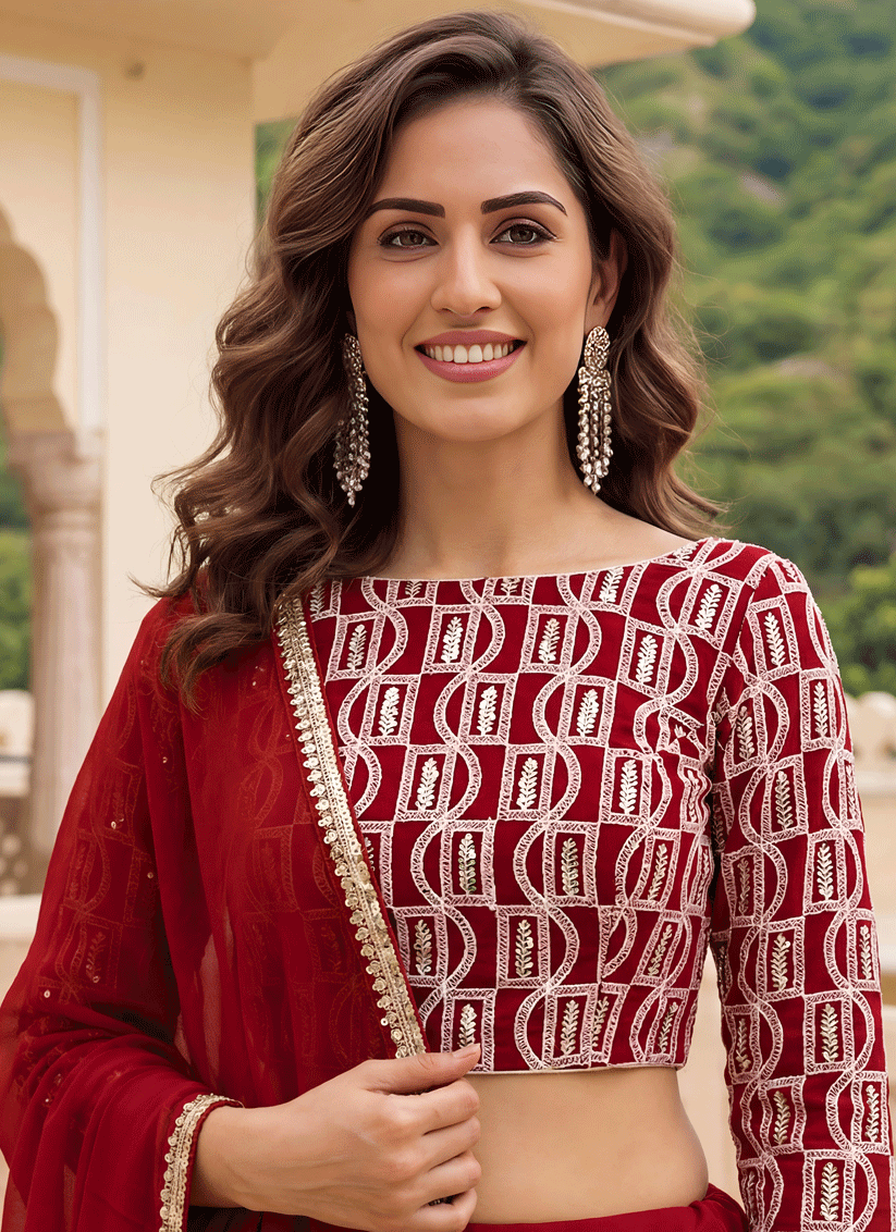 Crimson Red Georgette Lehenga Choli with Classic Traditional Work