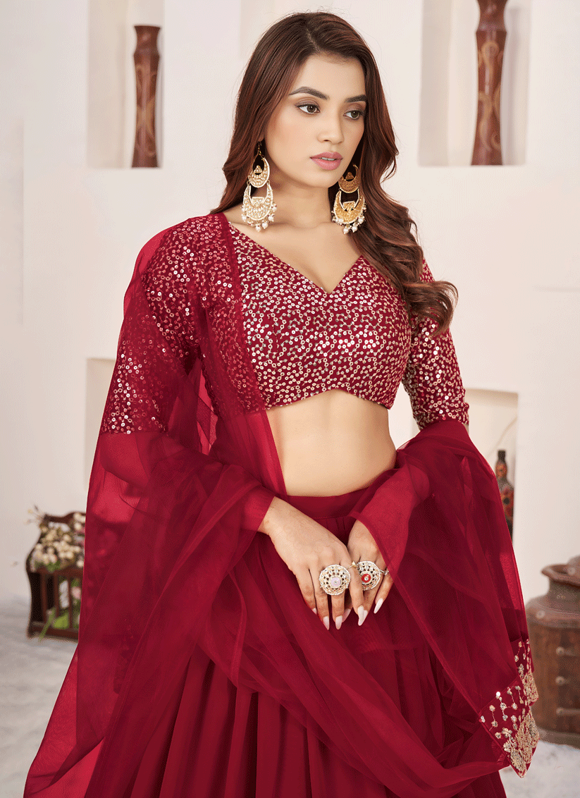Ruby Red Sequins & Embroidered Georgette Lehenga Choli with Soft Net Dupatta