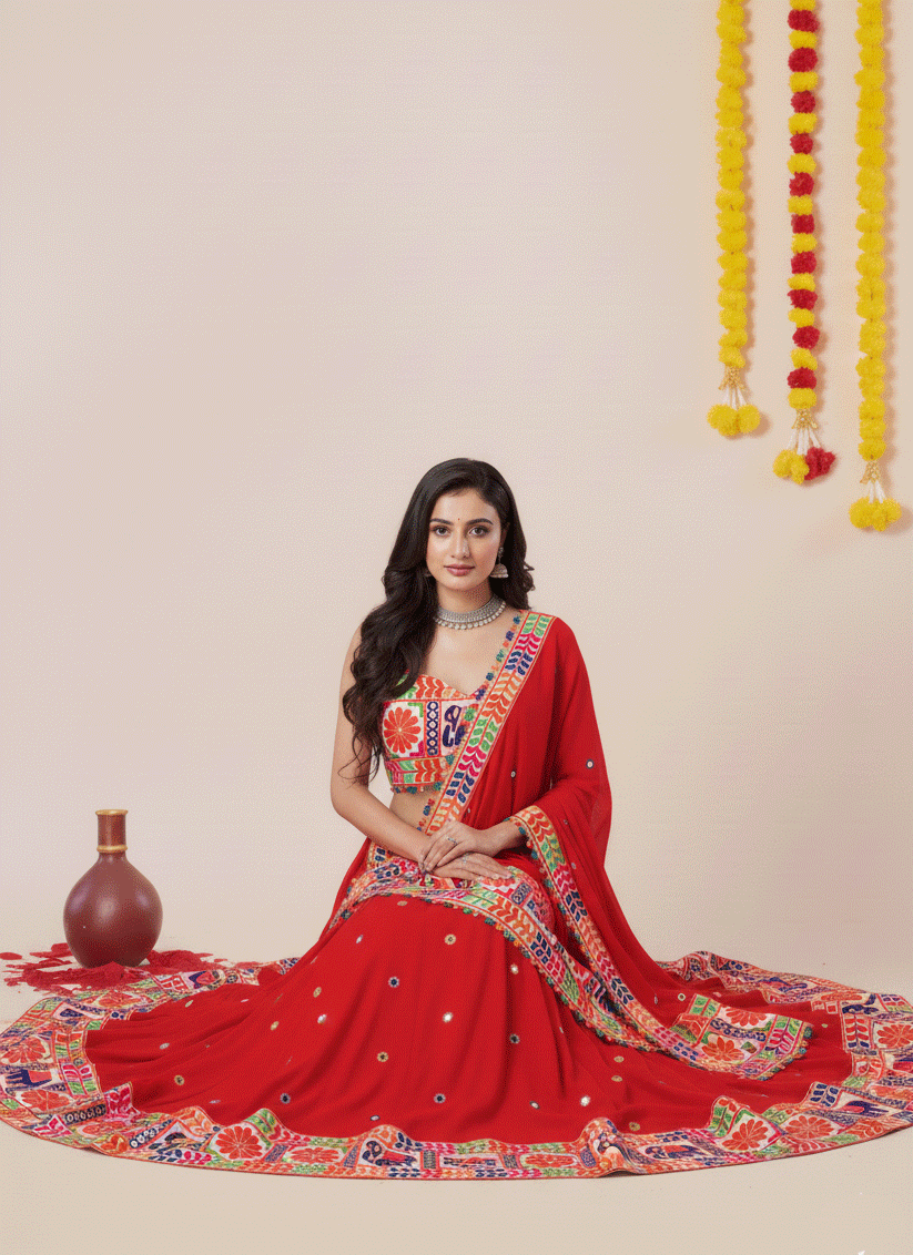 Hot Red Navratri Special Embroidered Mirror Work Chaniya Choli