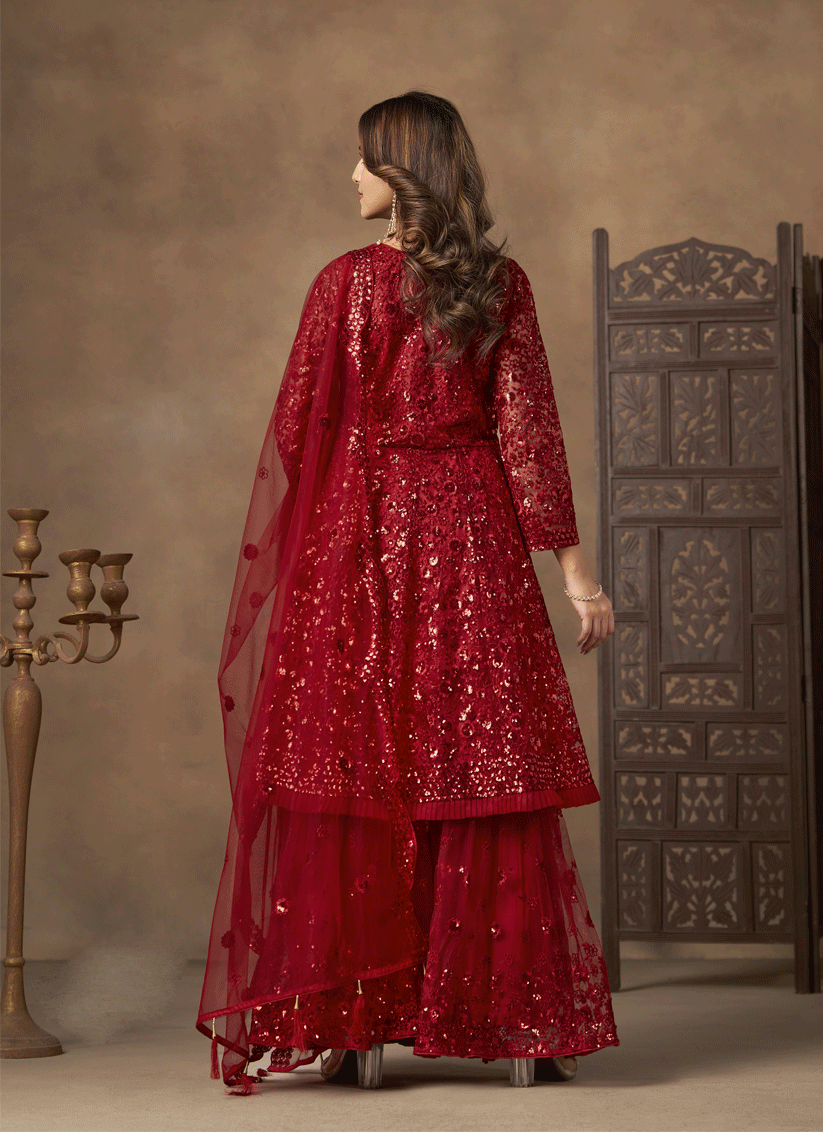 Stunning Cherry Red Designer Net Sharara Kameez for Memorable Celebrations