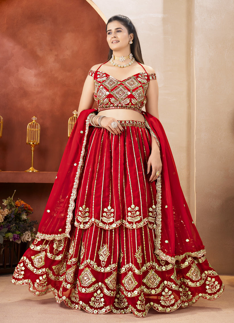 Royal Red Embroidered Lehenga Choli with Premium Sequins & Zari Work