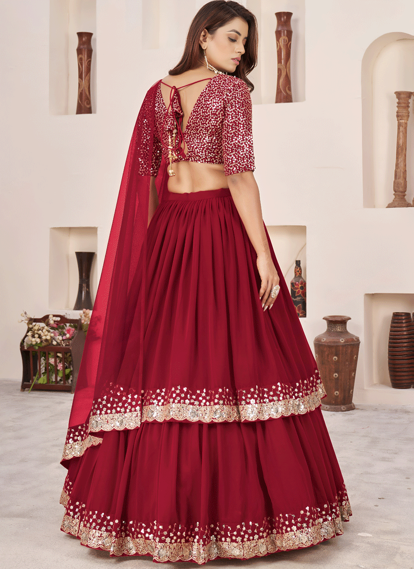 Ruby Red Sequins & Embroidered Georgette Lehenga Choli with Soft Net Dupatta