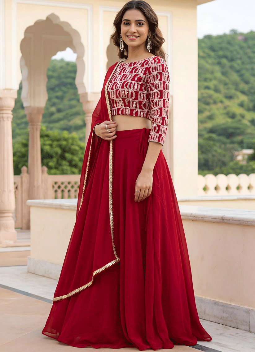 Crimson Red Georgette Lehenga Choli with Classic Traditional Work