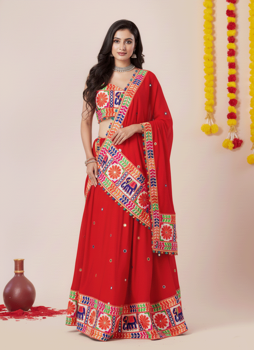 Hot Red Navratri Special Embroidered Mirror Work Chaniya Choli